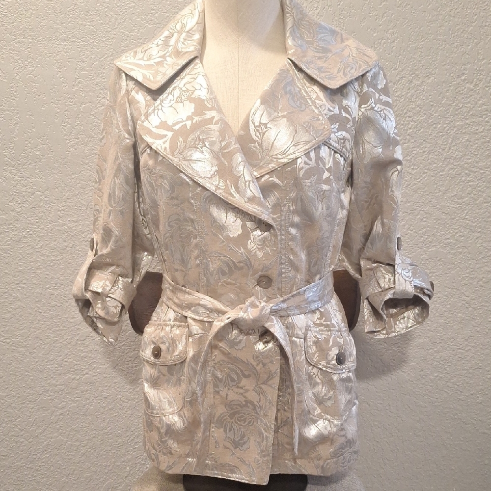 Chic Silver Floral Women's Trench Coat